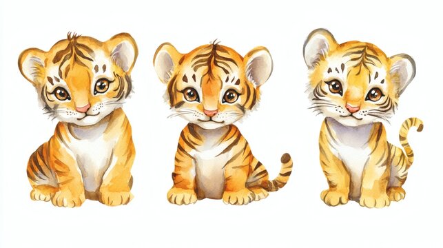 Three watercolor tiger cub illustrations sitting side by side on white background, cute cartoon wildlife nursery art style