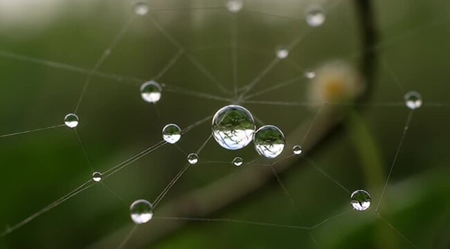 Delicate spiderweb adorned with glistening water droplets against a lush green backdrop