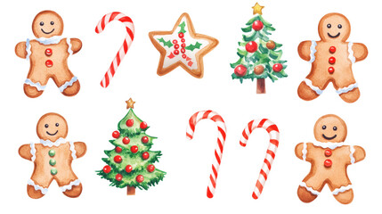 Naklejka premium Watercolor gingerbread cookies and candy canes arranged on transparent background; festive Christmas sweets collage with smiling gingerbread men, stars, tree, and striped candy canes