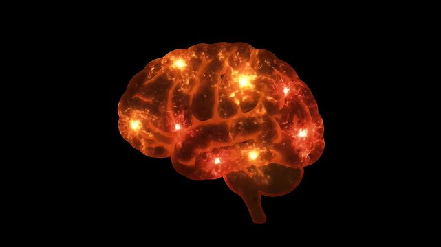 Human brain glowing with orange neural activity lights on dark background