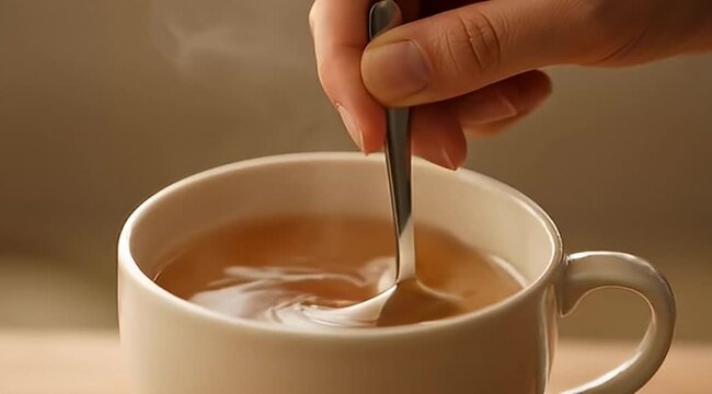 Hand gently stirring a steaming cup of lightcolored tea with a spoon