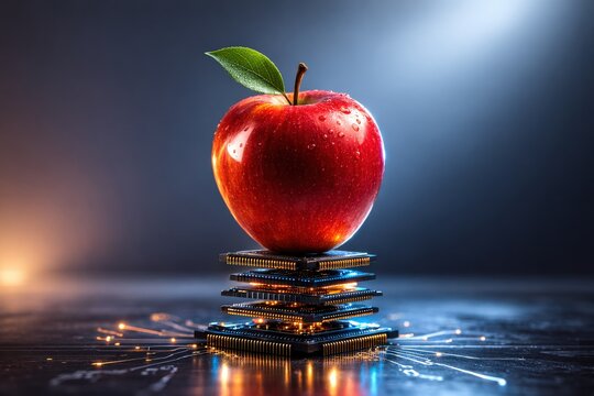 Red apple on top of a stack of microchips with glowing lights and circuits