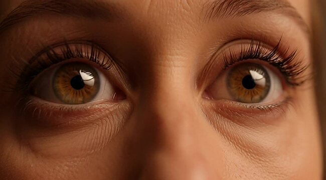 Closeup portrait of two hazel eyes with long eyelashes showing the face