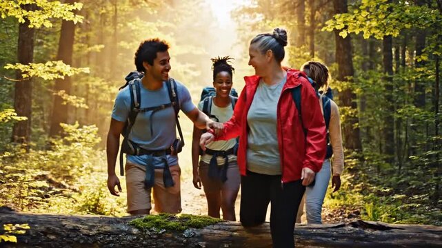 Diverse hikers helping woman over log in sunny forest