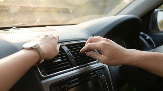 Driver hand adjusting the air conditioning vent on the car dashboard