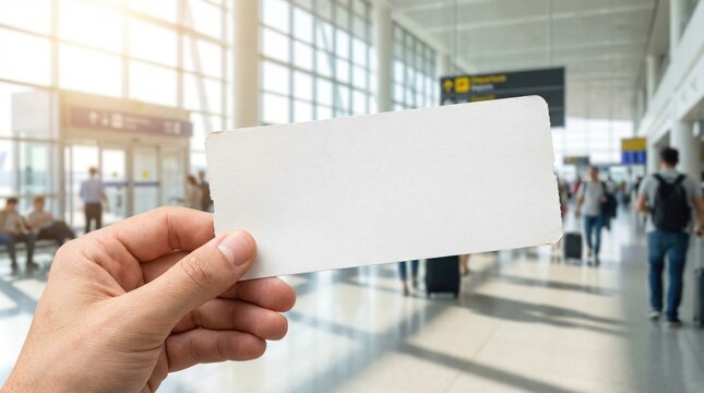 Passenger holding a blank white flight ticket in an airport terminal