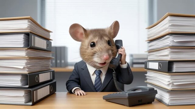Anthropomorphic mouse executive handling phone call at busy office desk. Static medium shot.
