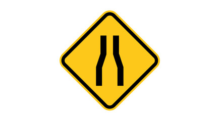 Crucial yellow diamond warning sign indicating a road narrows ahead, featuring a bold black graphic for essential traffic safety and driver awareness on all routes and highways