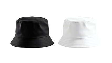 Realistic 3d rendering of a classic black bucket hat positioned right next to an identical classic white bucket hat for fashion mockups&nbsp;