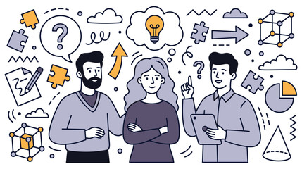 People solving problems with puzzle pieces and creative thought icons © NAZMA