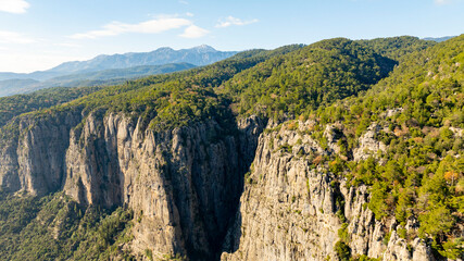 Obraz premium Panorama landscape of Tazı Kanyonu (aka Eagles Canyon, Tazi Canyon) and Bilgelik Vadisi (aka Wisdom Valley). Located in Köprülü Canyon National Park, Antalya, Turkey.Tazı Canyon is wonder of nature, l