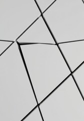 Abstract background showing geometric fragments of a pure white surface separated by small dark gaps, suggesting incompleteness, structure, and absence, high key, incomplete, pure