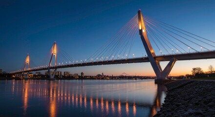 Obraz premium A large cable-stayed bridge with a modern design illuminated at dusk, spanning across a calm body of water with a clear gradient sky
