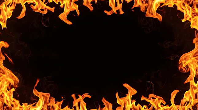 Vibrant orange and yellow flames intensely border a central black void creating a dramatic fiery frame effect perfect for energetic announcements or warning graphics.