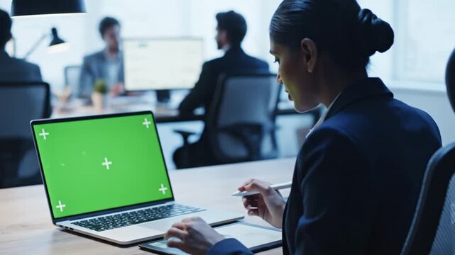 Over-the-Shoulder View of Female Manager Taking Notes During Virtual Meeting on Green Screen Laptop