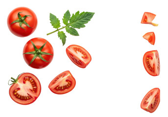 Fototapeta premium Whole and cut ripe red tomatoes, fresh green leaf, on transparent, soft shadows, flat lay, vibrant, clean, concept for culinary promotion