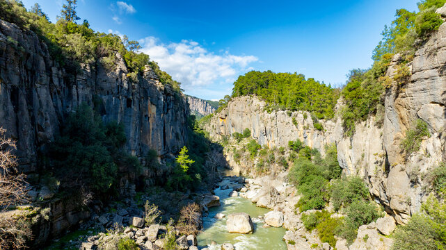 Panorama landscape of Tazı Kanyonu (aka Eagles Canyon, Tazi Canyon) and Bilgelik Vadisi (aka Wisdom Valley). Located in K&ouml;pr&uuml;l&uuml; Canyon National Park, Antalya, Turkey.Tazı Canyon is wonder of nature, l