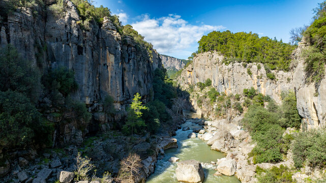 Panorama landscape of Tazı Kanyonu (aka Eagles Canyon, Tazi Canyon) and Bilgelik Vadisi (aka Wisdom Valley). Located in K&ouml;pr&uuml;l&uuml; Canyon National Park, Antalya, Turkey.Tazı Canyon is wonder of nature, l