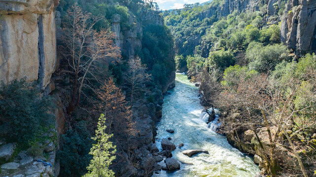 Panorama landscape of Tazı Kanyonu (aka Eagles Canyon, Tazi Canyon) and Bilgelik Vadisi (aka Wisdom Valley). Located in K&ouml;pr&uuml;l&uuml; Canyon National Park, Antalya, Turkey.Tazı Canyon is wonder of nature, l