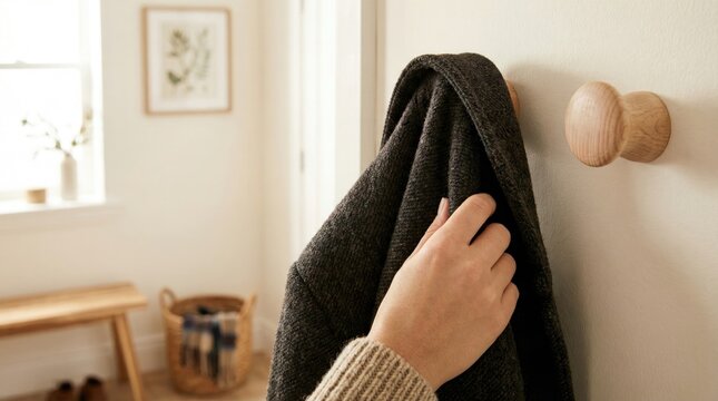 Hand hanging a warm gray winter coat onto a round wooden wall hook in a home entryway