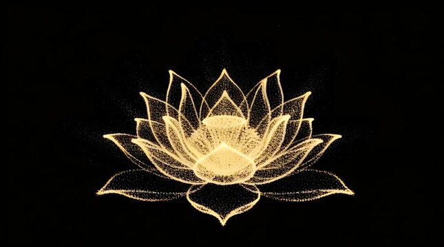 Glowing digital representation of a beautiful sacred lotus flower design illuminated against a pure black background creating an ethereal effect.