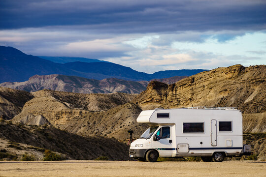 Camper vehiclein Tabernas desert, Spain