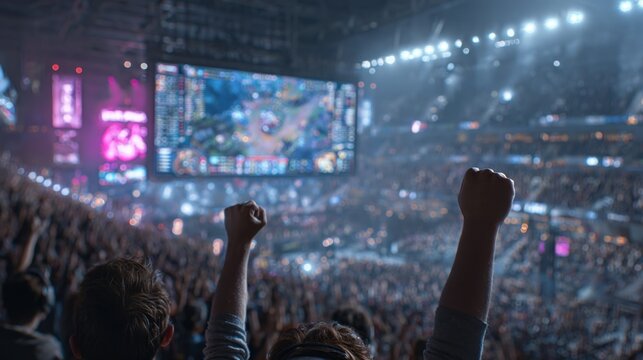 Crowd cheers as teams compete in large esports event with big screens and lights