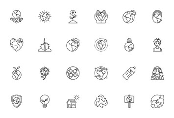 Mother Earth Day icon set. Ecology vector collection. Includes Earth, eco energy, solar panel, recycle, green planet, wind energy, human and more. Editable thin line icons.