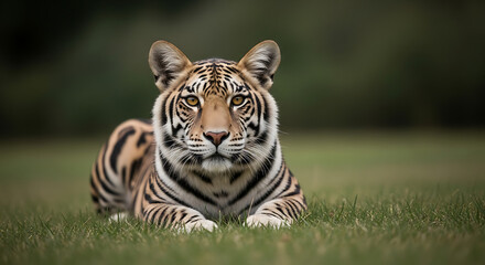 Obraz premium Majestic Tiger Cub Lying in Lush Green Grass