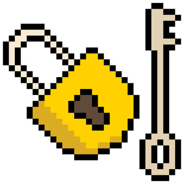 Padlock and key with pixel art on white background