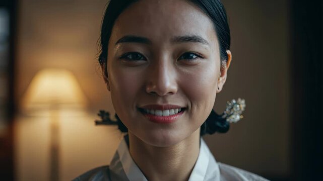 Smiling Maiden: A radiant woman, exuding elegance and serenity, graces the frame with a captivating smile, her features telling a story of grace and poise.