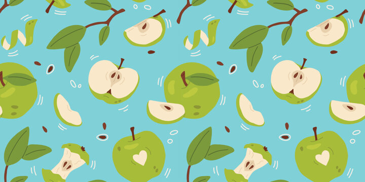 Seamless green apples pattern with lines,seeds,leaves on a warm  background. Hand drawn food illustration, repeating kitchen print for textile, packaging, wallpaper, fabric and surface design.