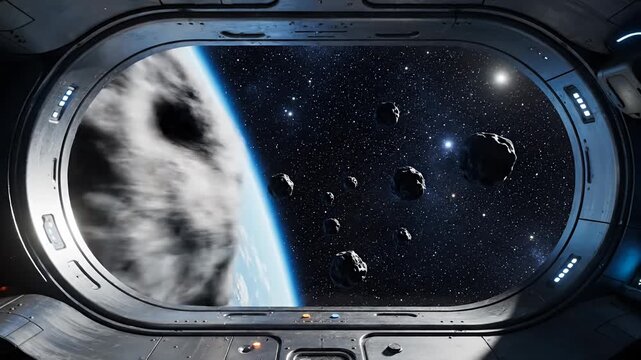 View of asteroids, Earth from spaceship window in outer space