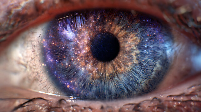 A human eye where the iris is a galaxy