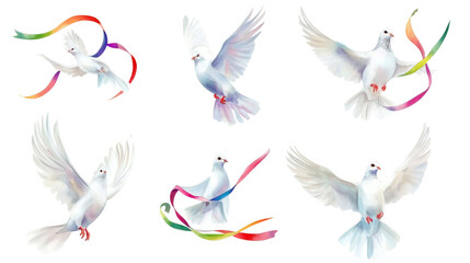 Seven white doves in flight with colorful ribbon accents on transparent background, watercolor style, soft lighting, elegant motion