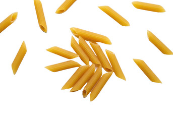 Uncooked golden-brown penne pasta, dry, ribbed texture, distinct pieces subtly overlapping, scattered on an immaculate white background, photorealistic food photography concept for culinary readiness