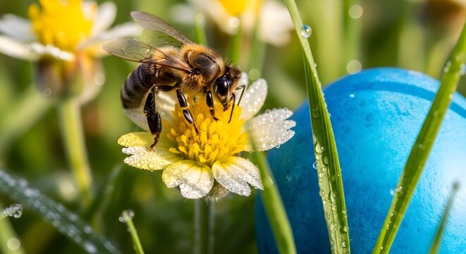Intricate macro view of a bee on a dew-covered flower, with a blue egg in the grass, symbolizing a happy easter day.