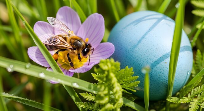 Happy bee on a spring flower next to a blue egg nestled in dewy grass, capturing the essence of easter day.