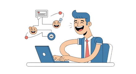 Man laughing while using laptop with AI and emojis connected, concept of communication and technology