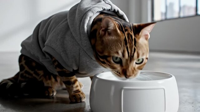 A Bengal Cat Wearing a Grey Hoodie Drinks Water from a White Bowl in a Brightly Lit Studio with Soft Natural Light