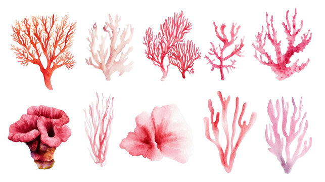 Watercolor pink coral illustrations on transparent background, various coral shapes and seaweed elements, artistic botanical marine collection