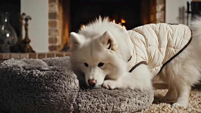 A Happy White Samoyed Dog Wearing a Quilted Beige Vest Poses on a Fluffy Gray Pet Bed Near a Cozy Fireplace with Burning Logs Creating a Warm Atmosphere