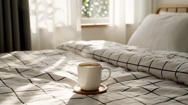 White mug of coffee on patterned bed in sunny bedroom