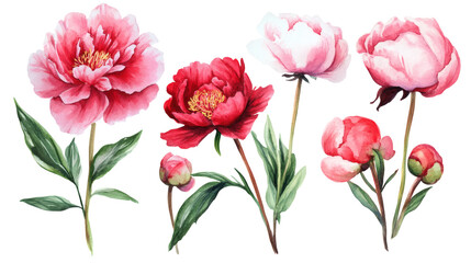 Fototapeta premium Watercolor peony stems and buds in shades of red and pink, isolated on white, botanical arrangement