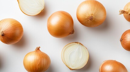 Whole and Halved Golden Onions on White Background