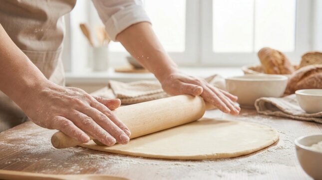 Baker hands using a wooden rolling pin to flatten dough on a floured kitchen table