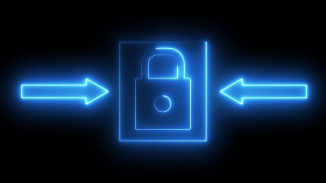 security with two arrows icon animation glowing neon red and blue color lock privacy circle rectangle round rotation protection information direction signal sign.4k animation