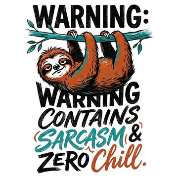 Illustration of a smiling sloth hanging from a branch with bold playful text reading "Warning: contains sarcasm & zero chill"