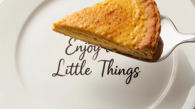 Serving a slice of pie revealing the hidden inspirational message Enjoy the Little Things on a white plate