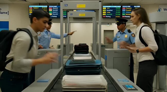 passengers going through airport security checkpoint with security personnel directing traffic